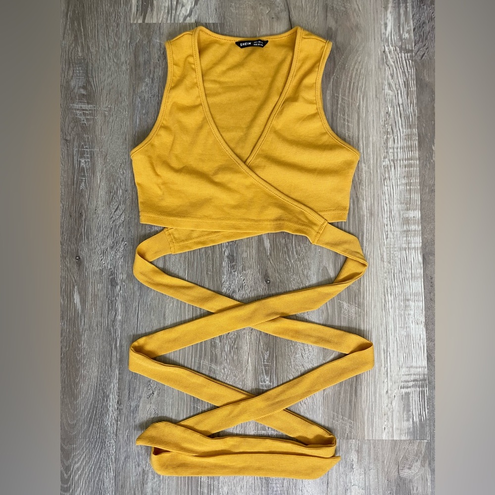 Shein yellow wrap cross tie crop top (small)